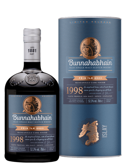 Bunnahabhain 25 Year Old 1998 Vintage Manzanilla Cask Finish Feis Ile 2023 Release Islay Single Malt Scotch Whisky