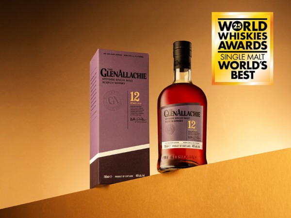 GlenAllachie 12 Year Old single malt Scotch whisky with its box and 2025 World’s Best Single Malt award badge.